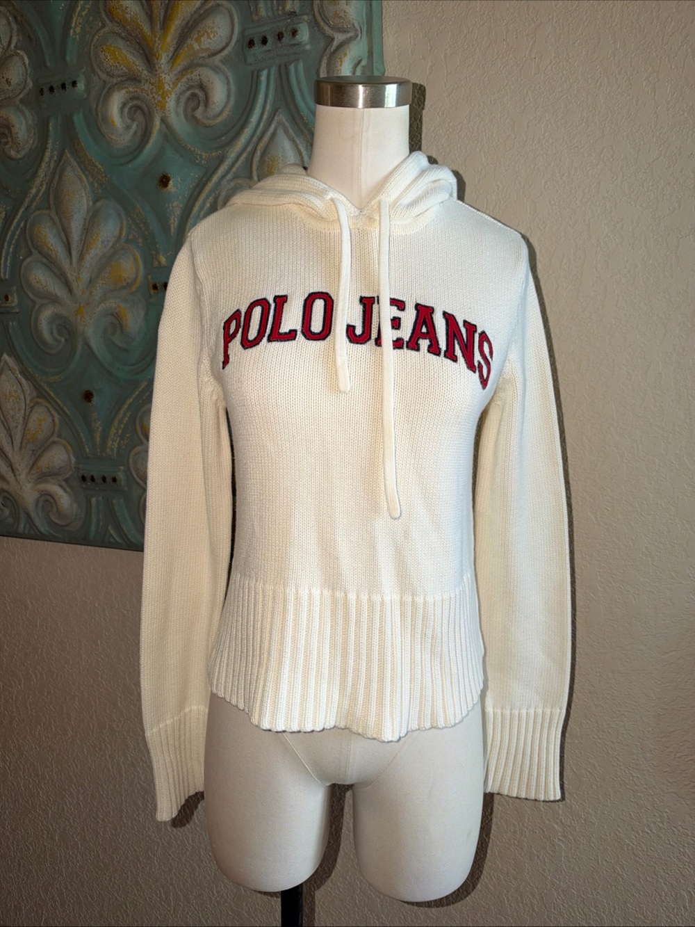 Vintage Polo Jeans Co Ralph Lauren Hoodie Womens M Ivory 100% Cotton Knit Y2K